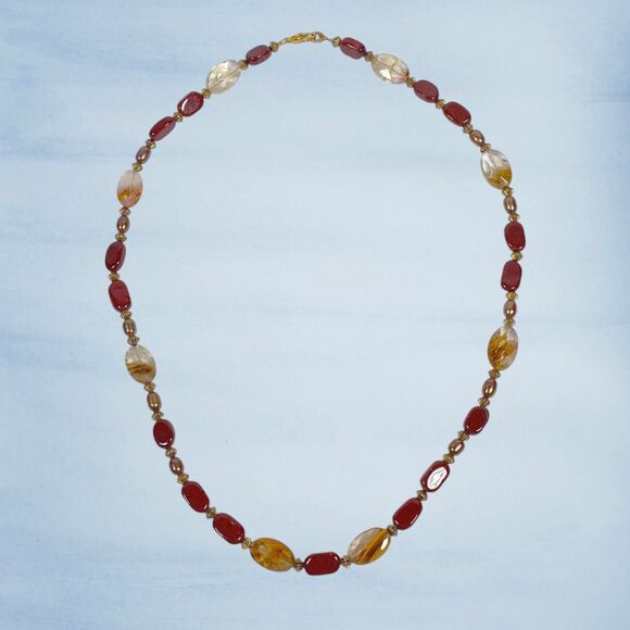 Handmade Red Brown Stone Agate Beaded Necklace Gold Tone Artisan Boho Jewelry - Picture 8 of 9